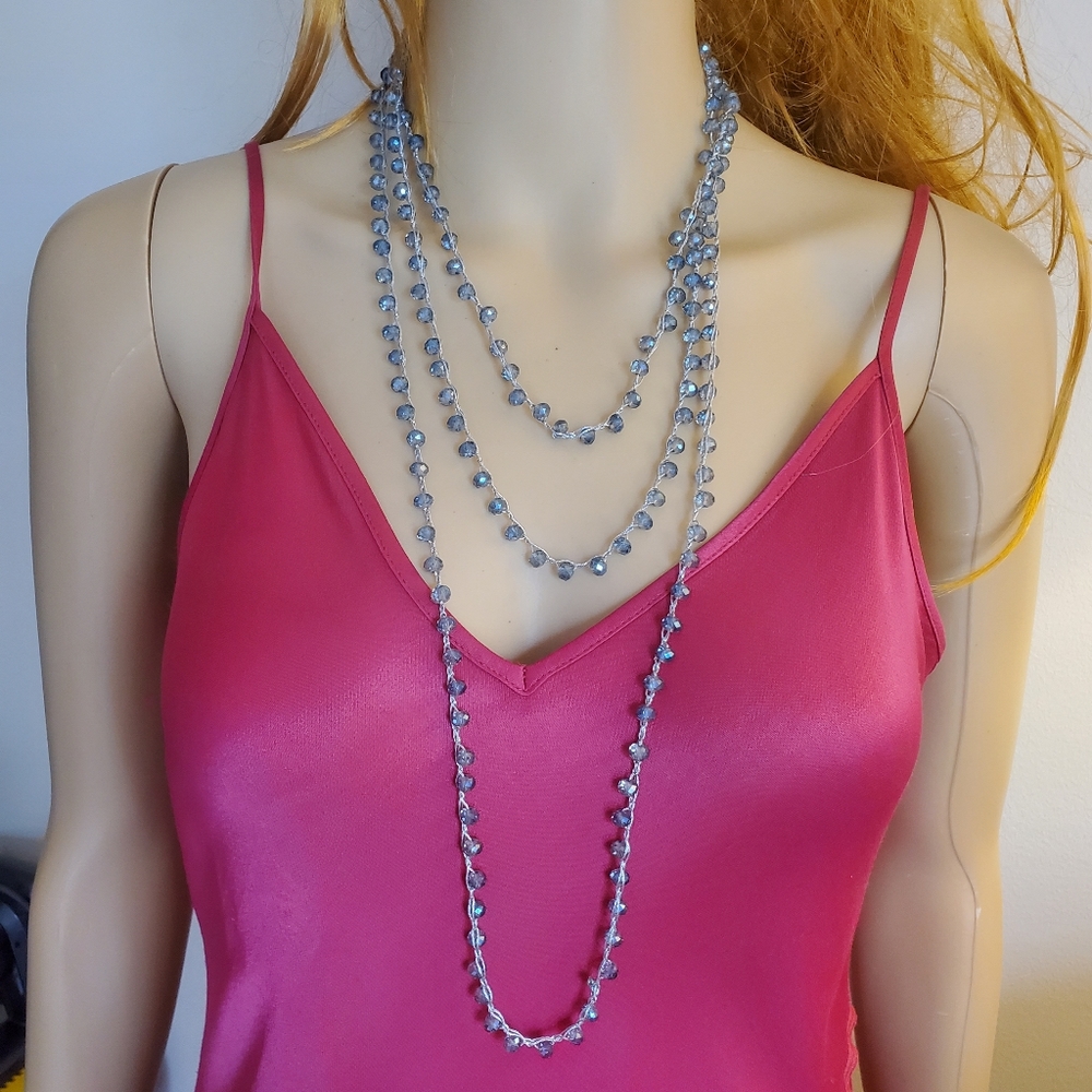 Long Grey Blue Sparkly Crystal Bead Necklace - Picture 9 of 12